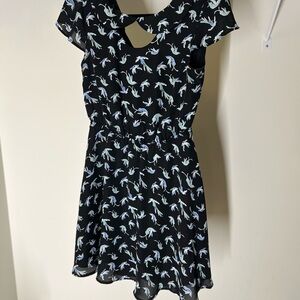 LC Lauren Conrad A-Line Black Dress with Blue Bird Pattern
